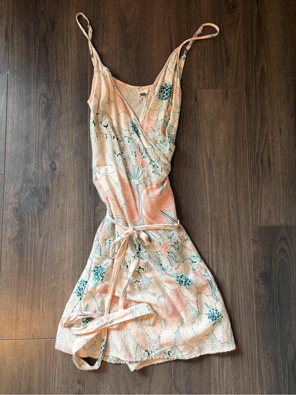 Roxy Peach Floral Wrap Mini Dress with Teal Accents